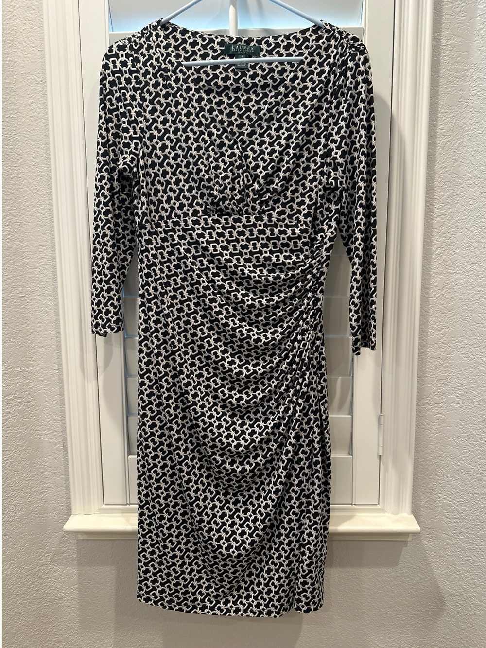 Ralph Lauren Black & White Patterned Ruched Sheath Dress